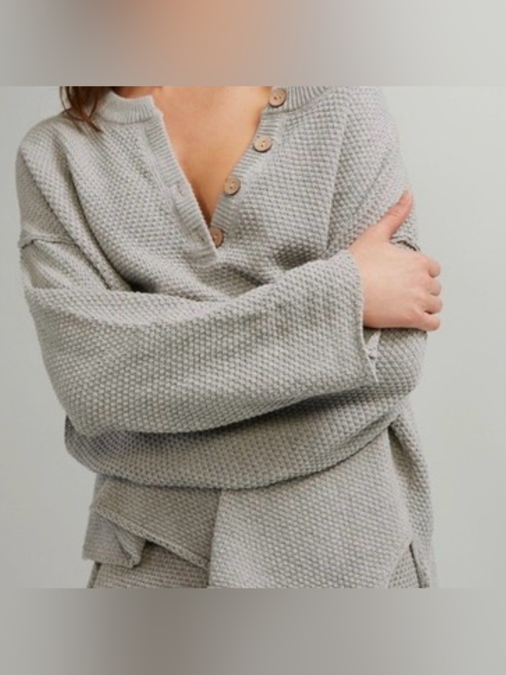 Free People FP Beach Hailee Gray Pullover Slouchy Waffle Henley Sweater Large